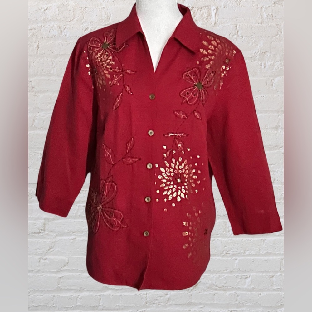 Alfred Donner Womens Red beaded embroidery Blazer Sz 14 Grandmacore Boho